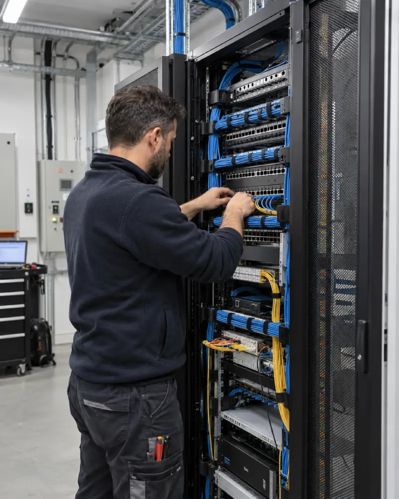 tecnico euroelettraitalia lavora su cablaggi strutturati e reti dati su un rack di un'azienda cliente