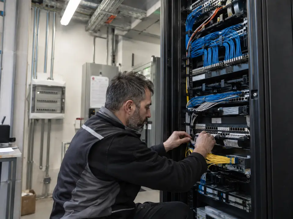tecnico euroelettraitalia interviene su rack aziendale reti dati in rame e fibra