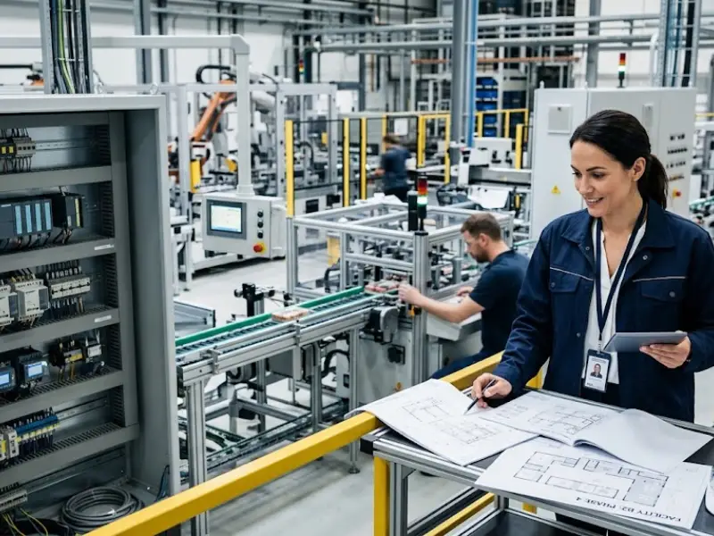 tecnico segue avanzamento progetto di automazione industriale