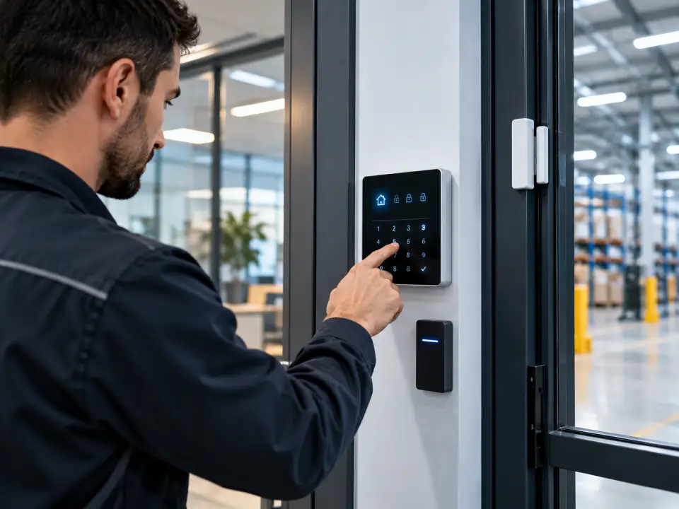 tecnico di euroelettraitalia configura sistemi di sicurezza impianto di allarme in azienda a roma